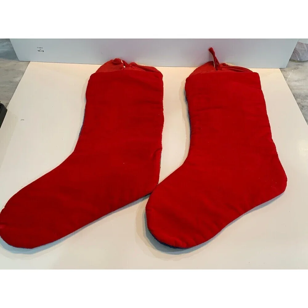 Vtg Needlepoint Christmas Stockings Red Velvet Angel Handmade Set 2 Christmas